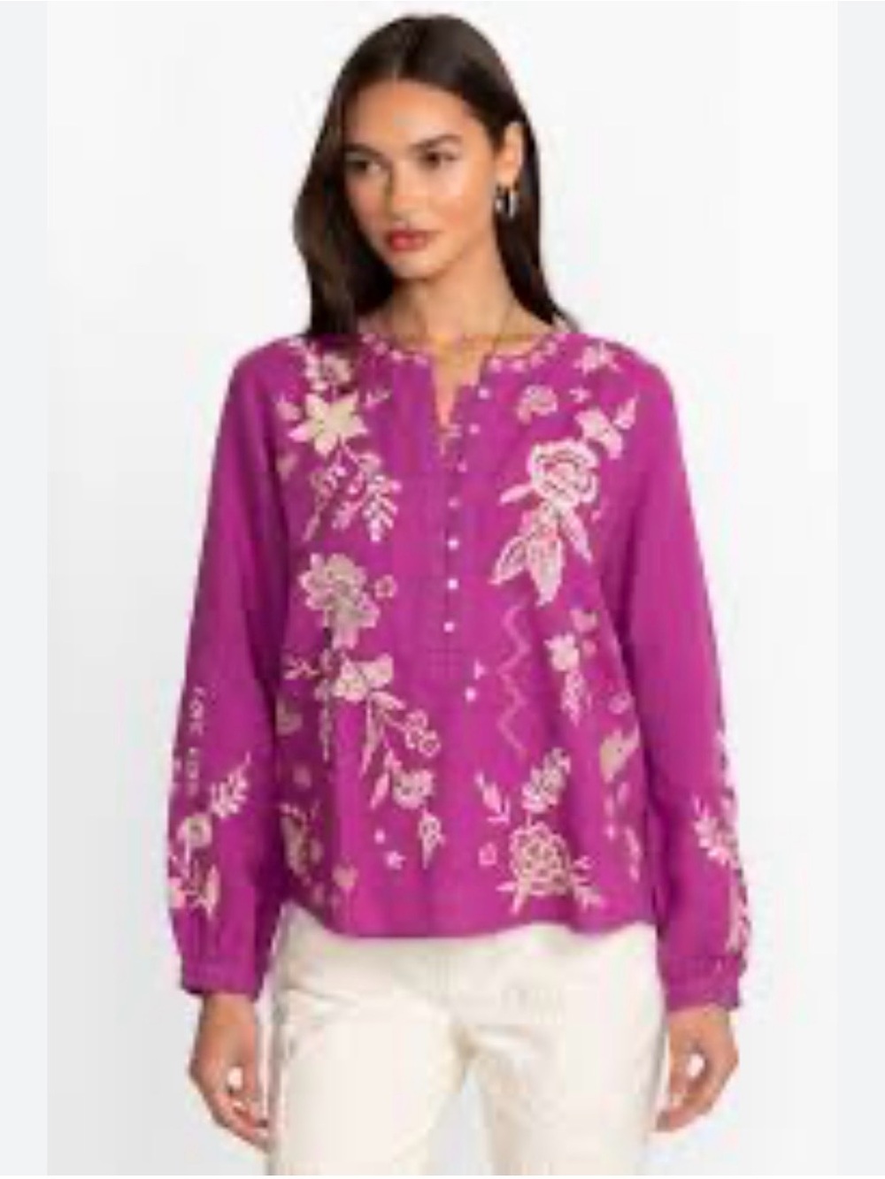 Johnny Was Field Henley Blouse purple linen white floral embroidered Top M NEW
